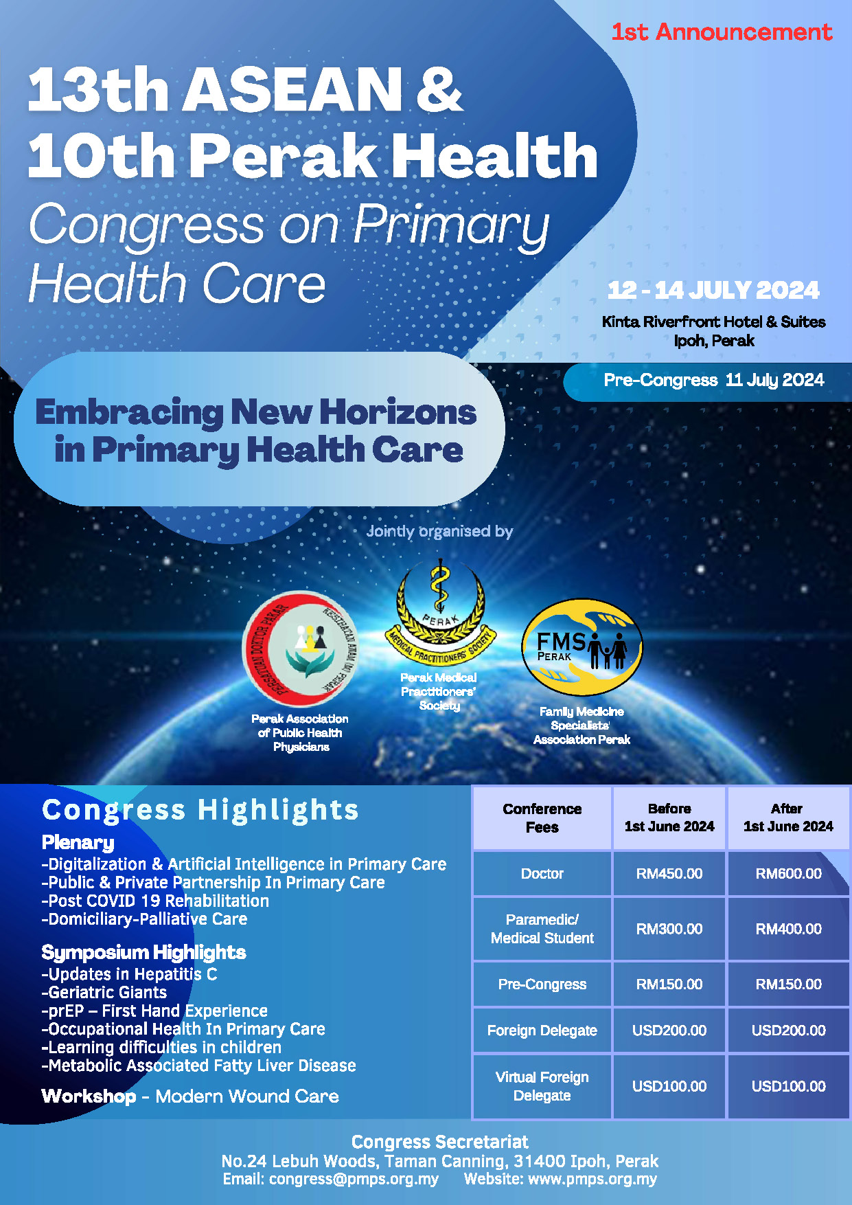 13th ASEAN & 10th Perak Health Congress on Primary Health Care, 12-14 Jul 2024, Ipoh, Malaysia: First Announcement